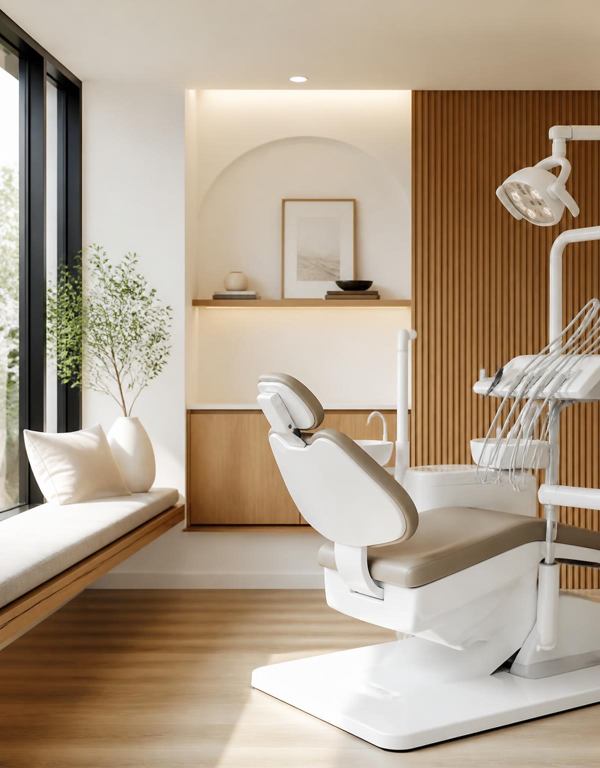 Interior minimalista do consultório Studio Sorriso com acabamentos em madeira